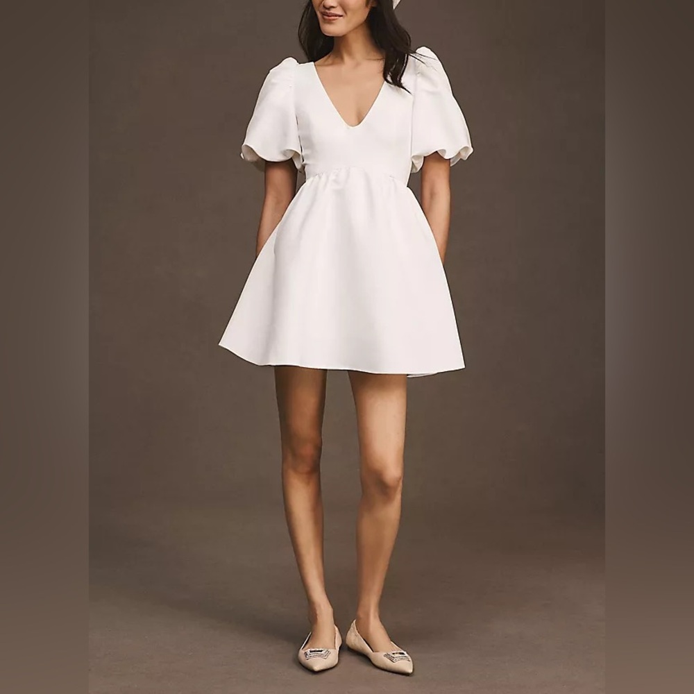 Sachin & Babi Beverly Puff Sleeve Deep-V Mini Dress White Women's Medium
